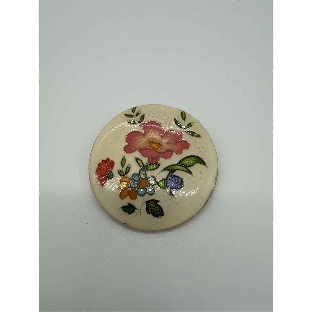 Antique Pin Transfer Painted Design Floral Pastels Brass Setting C Clasp